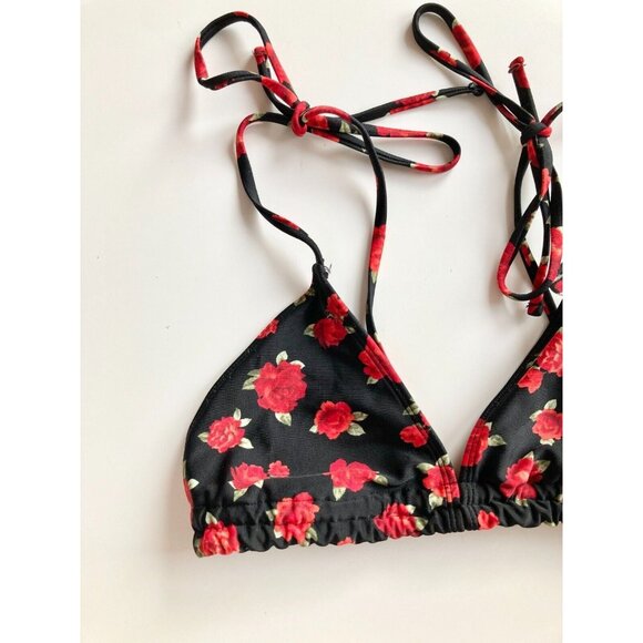 NWT FOREVER 21 Black Red Rose Floral Print Triangle Bikini Top, Size S - Picture 2 of 9
